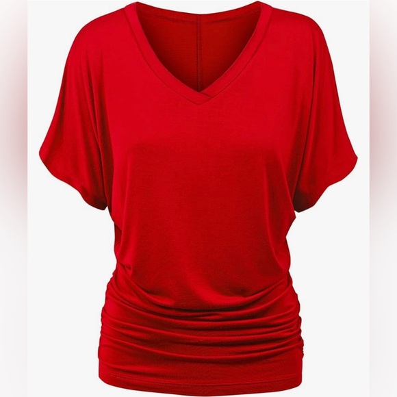 Amy's Closet Tops - Women's Solid Short Sleeve Boat Neck V Neck Dolman Top with Side Shirring